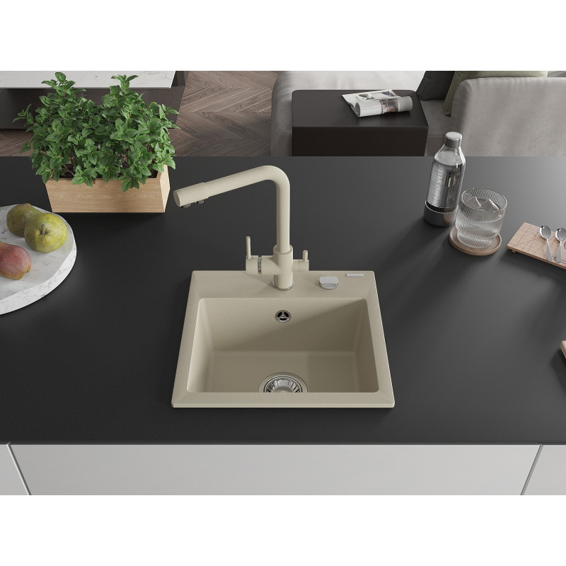 Mexen Milo évier en granit à 1 bac avec robinet de cuisine Duero, beige - 6505-69-671600-69