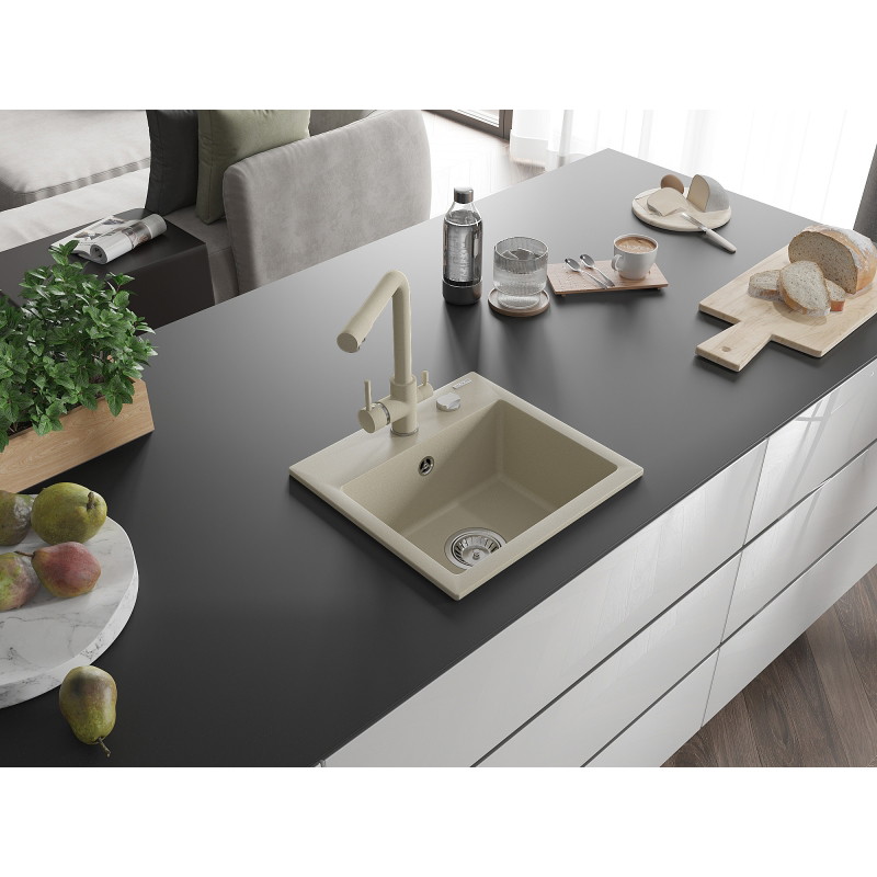 Mexen Milo évier en granit à 1 bac avec robinet de cuisine Duero, beige - 6505-69-671600-69