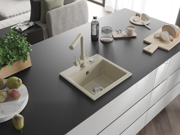 Mexen Milo évier en granit 1 bac avec robinet de cuisine Duero, beige - 6505-69-671600-69