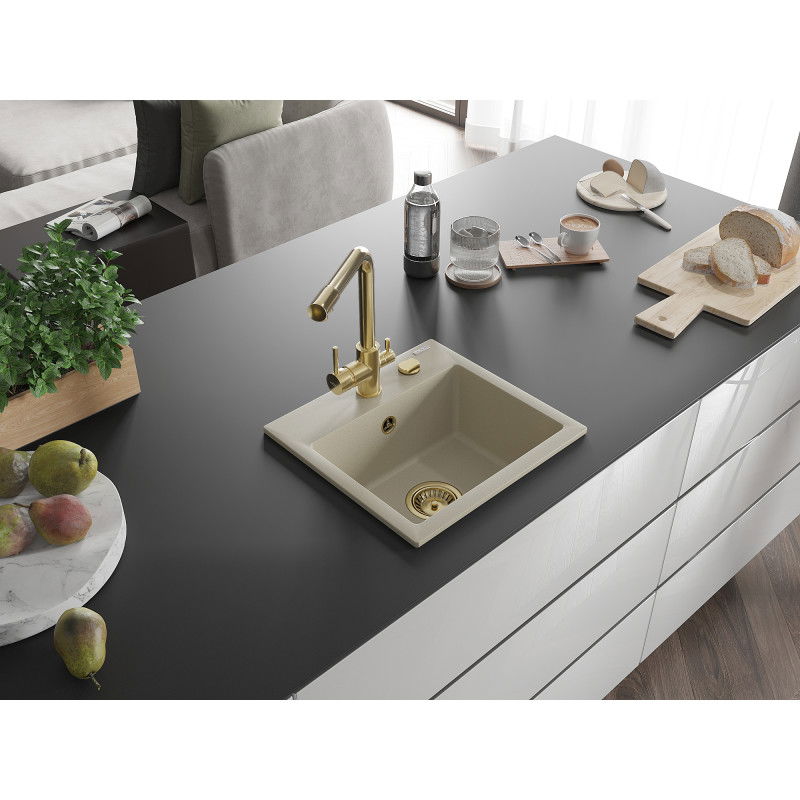 Mexen Milo évier en granit 1 bac avec robinet de cuisine Duero, beige - 6505-69-671600-50