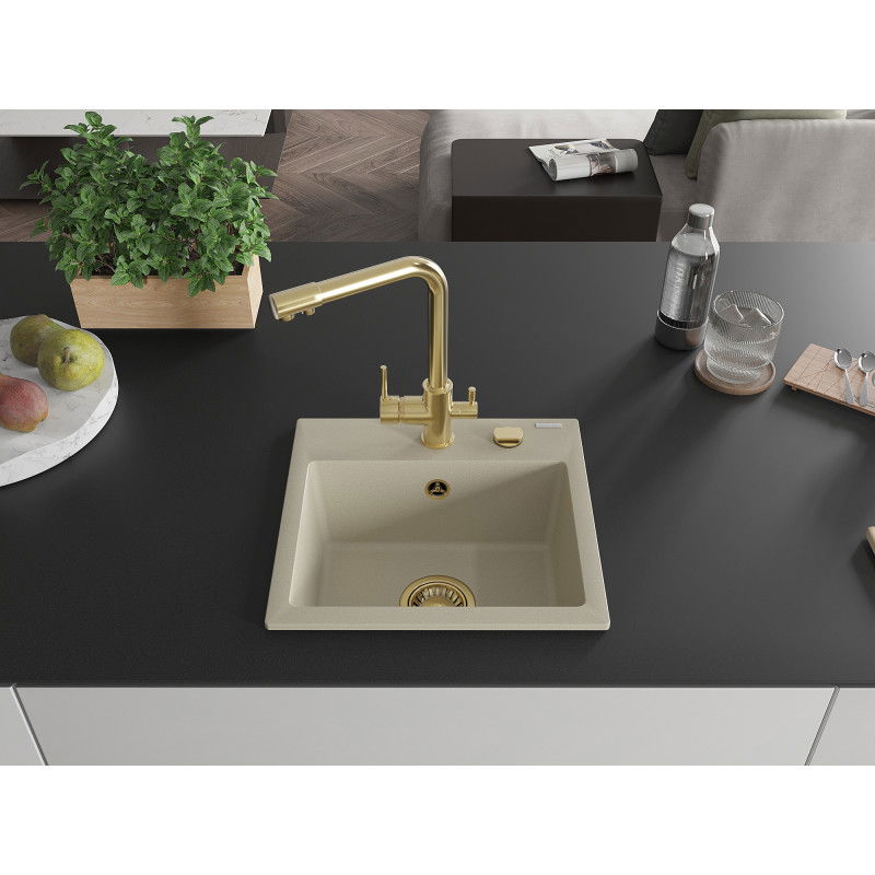 Mexen Milo évier en granit 1 bac avec robinet de cuisine Duero, beige - 6505-69-671600-50