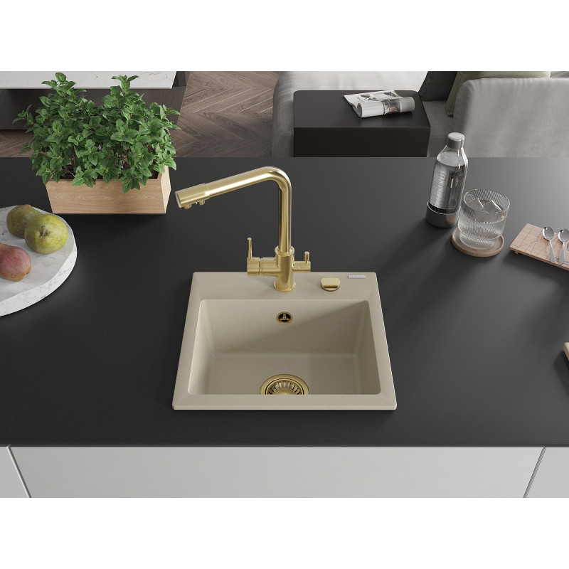 Mexen Milo Évier en granit à 1 bac avec robinet de cuisine Duero, beige - 6505-69-671600-50