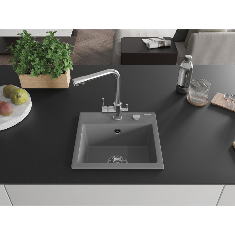 Mexen Milo évier en granit 1 bac avec robinet de cuisine Duero, gris - 6505-71-671600-00