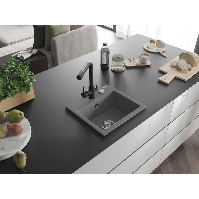 Mexen Milo évier en granit 1 bac avec mitigeur de cuisine Duero, gris - 6505-71-671600-70