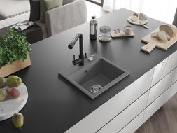 Mexen Milo évier en granit 1 bac avec robinet de cuisine Duero, gris - 6505-71-671600-70