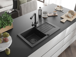 Mexen Pablo évier en granit 1-bac avec égouttoir et robinet de cuisine Duero, noir/métallique argenté - 6510-73-671600-70-B