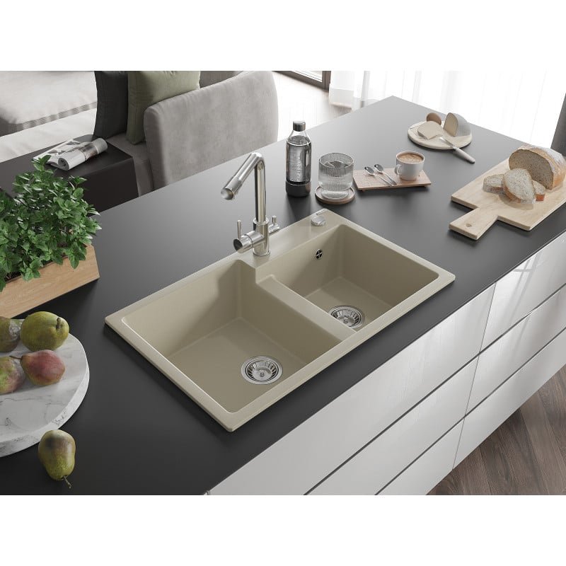 Mexen Tomas évier en granit à 2 bacs avec robinet de cuisine Duero, beige - 6516-69-671600-00