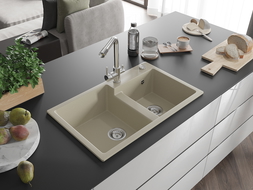 Mexen Tomas évier de cuisine en granit 2 bacs avec robinet Duero, beige - 6516-69-671600-00