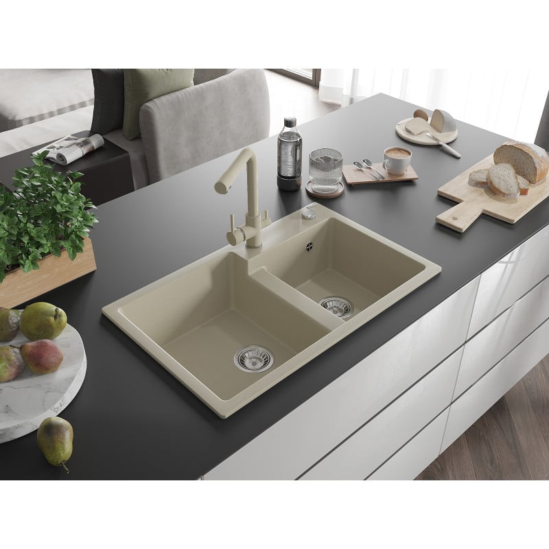 Mexen Tomas évier en granit 2 bacs avec robinet de cuisine Duero, beige - 6516-69-671600-69