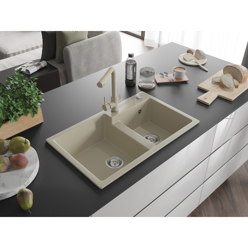 Mexen Tomas évier en granit à 2 bacs avec robinet de cuisine Duero, beige - 6516-69-671600-69
