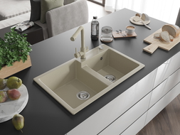 Mexen Tomas évier en granit 2 bacs avec robinet de cuisine Duero, beige - 6516-69-671600-69