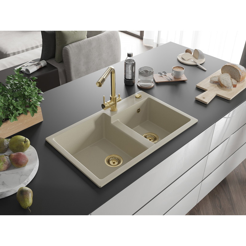 Mexen Tomas évier en granit à 2 bacs avec robinet de cuisine Duero, beige - 6516-69-671600-50