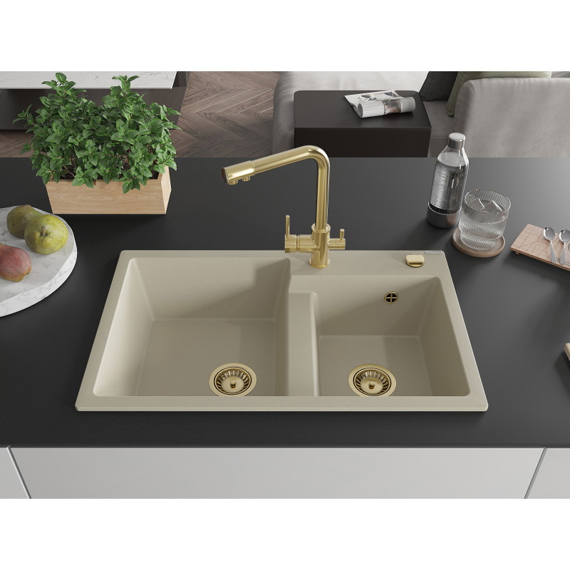 Mexen Tomas évier en granit à 2 bacs avec robinet de cuisine Duero, beige - 6516-69-671600-50