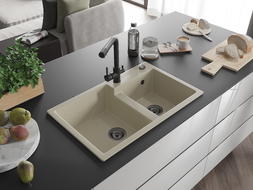 Mexen Tomas évier en granit 2 bacs avec robinet de cuisine Duero, beige - 6516-69-671600-70