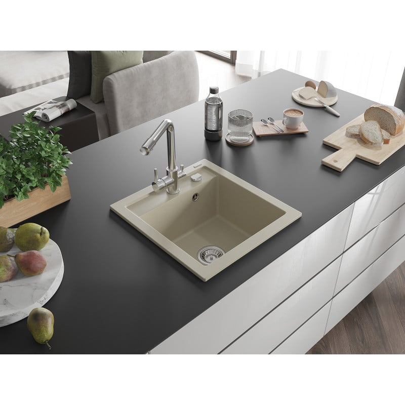 Mexen Vito évier de cuisine en granit 1-bassin avec robinet de cuisine Duero, beige - 6503-69-671600-00