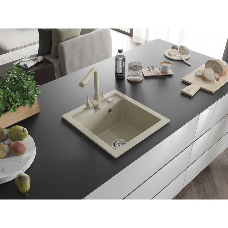Mexen Vito évier en granit à 1 bac avec robinet de cuisine Duero, beige - 6503-69-671600-69