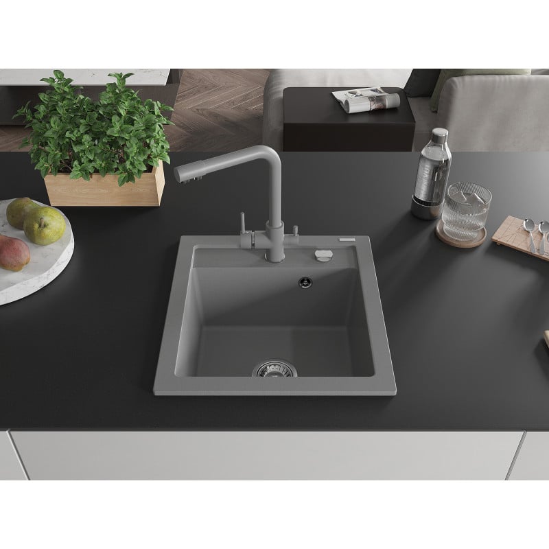 Mexen Vito évier en granit 1 cuve avec robinet de cuisine Duero, gris - 6503-71-671600-71