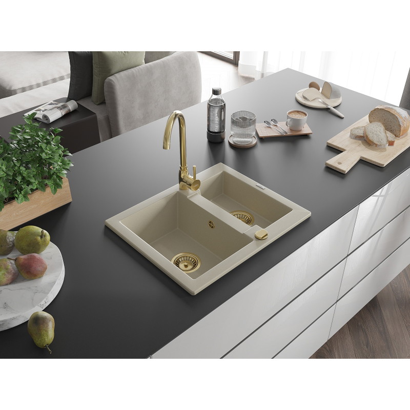 Mexen Carlos évier en granit 1,5 cuve avec robinet de cuisine Telma, beige - 6518-69-670200-50