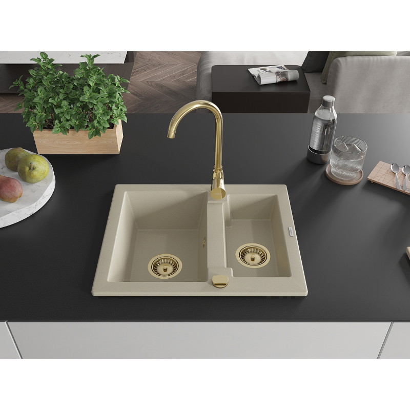 Mexen Carlos évier en granit 1,5 cuve avec robinet de cuisine Telma, beige - 6518-69-670200-50