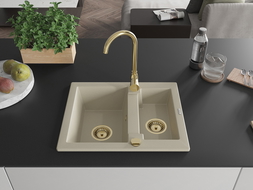 Mexen Carlos évier en granit 1,5 bac avec robinet de cuisine Telma, beige - 6518-69-670200-50