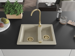 Mexen Carlos évier en granit à 1,5 cuve avec robinet mélangeur Telma, Beige - 6518-69-670200-50
