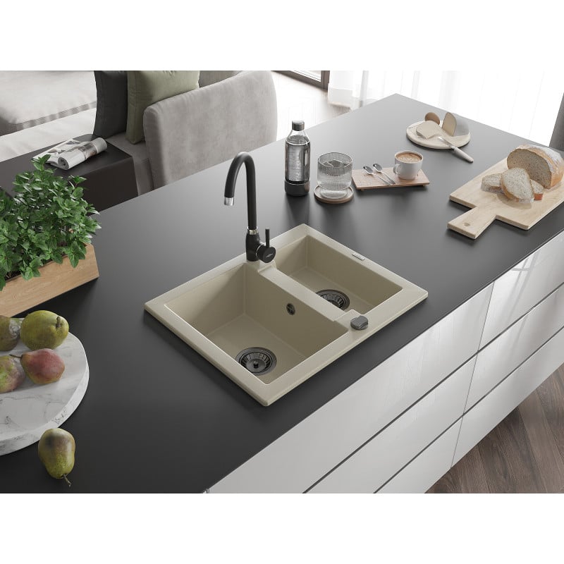 Mexen Carlos évier en granit 1,5 bac avec robinet de cuisine Telma, beige - 6518-69-670200-70