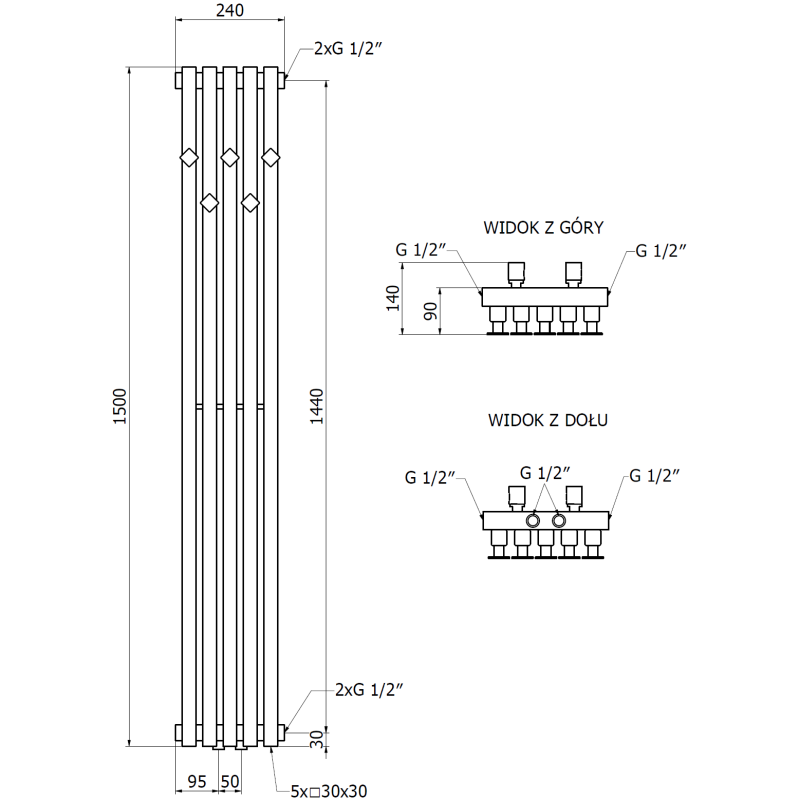 Mexen Flux radiateur de salle de bains décoratif 1500 x 240 mm, 450 W, noir - W127-1500-240-00-70