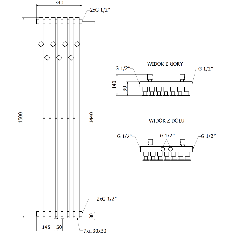 Mexen Flux radiateur de salle de bains décoratif 1500 x 340 mm, 630 W, anthracite - W127-1500-360-00-66