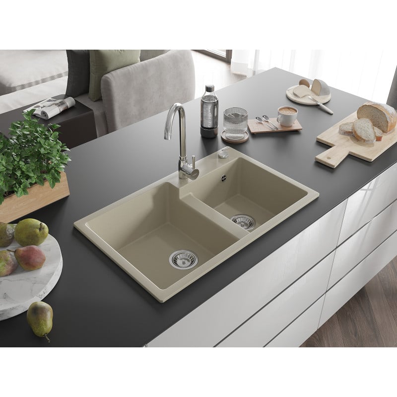 Mexen Tomas évier en granit à 2 bacs avec robinet de cuisine Telma, beige - 6516-69-670200-00