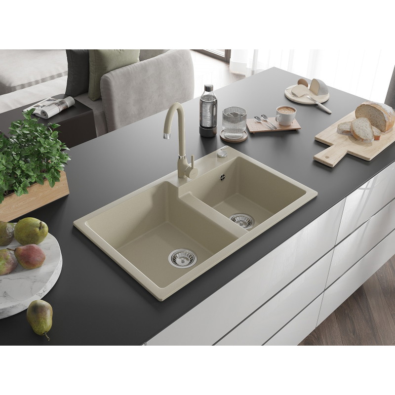 Mexen Tomas évier en granit à 2 bacs avec robinet de cuisine Telma, beige - 6516-69-670200-69