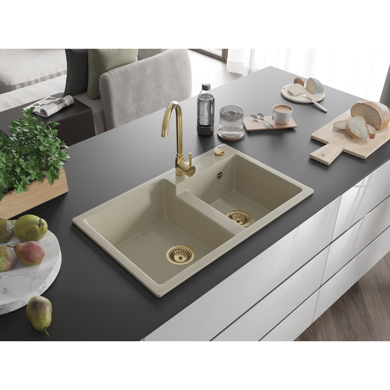 Mexen Tomas évier en granit à 2 bacs avec robinet de cuisine Telma, beige - 6516-69-670200-50