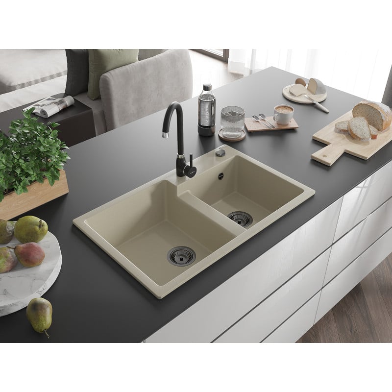 Mexen Tomas évier de cuisine en granit à 2 bacs avec robinet Telma, beige - 6516-69-670200-70