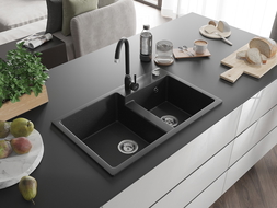 Mexen Tomas évier en granit 2 bacs avec robinet de cuisine Telma, noir/métallisé argent - 6516-73-670200-70