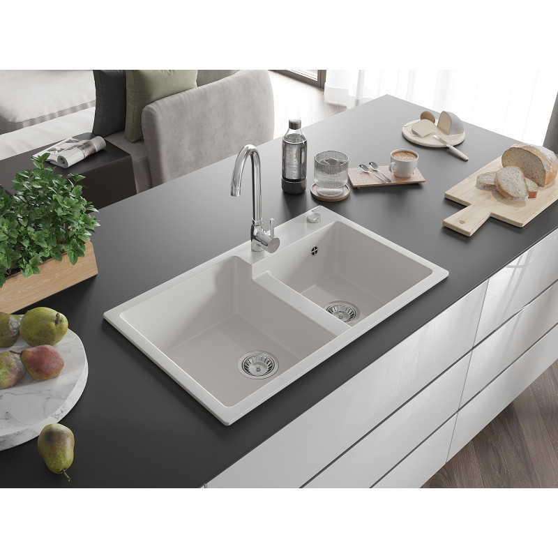 Mexen Tomas évier en granit 2 cuves 800 x 500 mm, blanc, siphon chromé - 6516802000-20