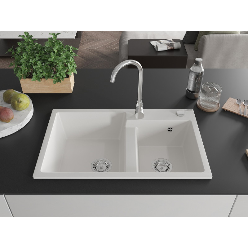 Mexen Tomas Évier en granit 2 bacs 800 x 500 mm, blanc, siphon chromé - 6516802000-20