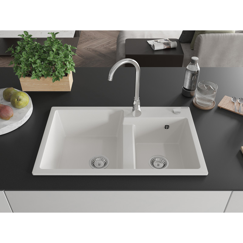 Mexen Tomas évier en granit 2 cuves 800 x 500 mm, blanc, siphon chromé - 6516802000-20