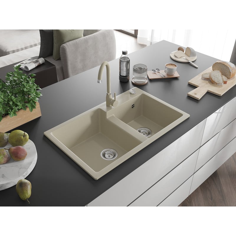 Mexen Tomas évier en granit à 2 bacs 800 x 500 mm, beige, siphon chromé - 6516802000-69