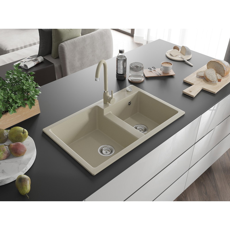 Mexen Tomas évier en granit à 2 cuves 800 x 500 mm, beige, siphon chromé - 6516802000-69