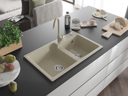 Mexen Tomas évier en granit à 2 cuves 800 x 500 mm, Beige, siphon Chrome - 6516802000-69