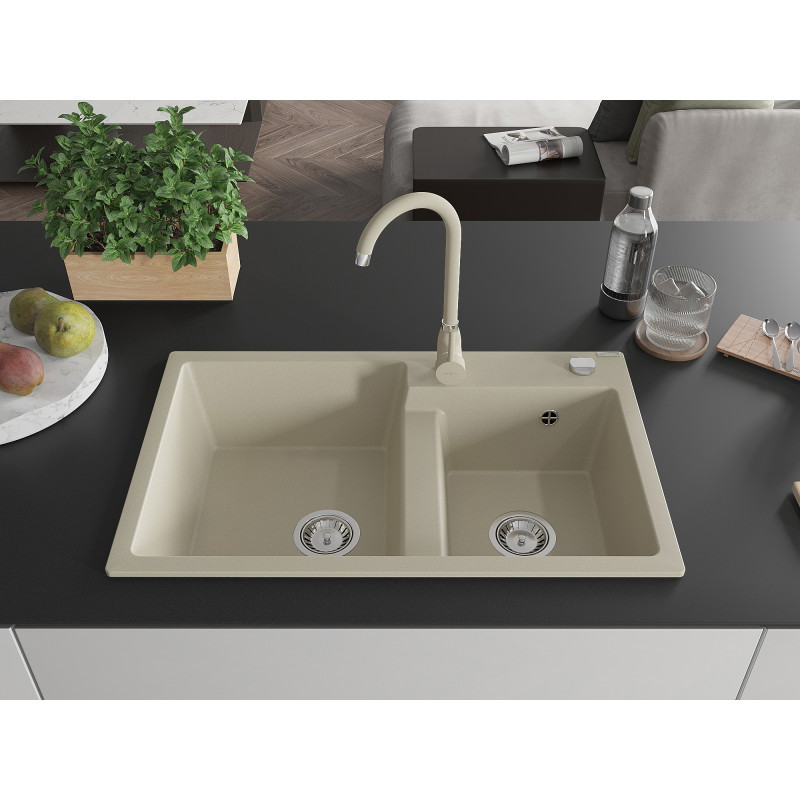 Mexen Tomas évier en granit à 2 cuves 800 x 500 mm, beige, siphon chromé - 6516802000-69