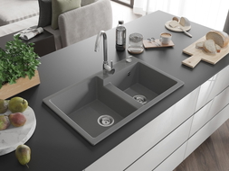 Mexen Tomas évier en granit à 2 bacs 800 x 500 mm, gris, siphon chromé - 6516802000-71