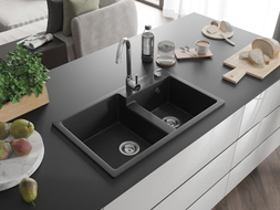 Mexen Tomas évier en granit à 2 bacs 800 x 500 mm, noir/argent métallisé, siphon chromé - 6516802000-73