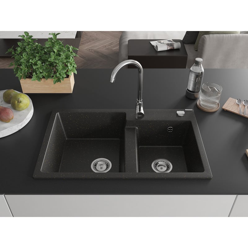 Mexen Tomas évier en granit 2 bacs 800 x 500 mm, noir/or métallisé, siphon chromé - 6516802000-75