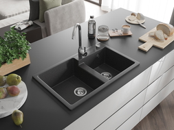 Mexen Tomas évier en granit à 2 cuves 800 x 500 mm, Noir moucheté, siphon Chrome - 6516802000-76