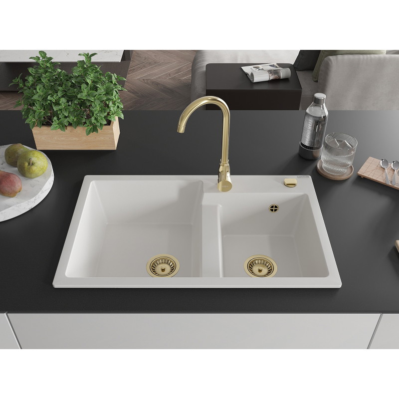 Mexen Tomas Évier en granit 2 bacs 800 x 500 mm, blanc, siphon doré - 6516802000-20-G