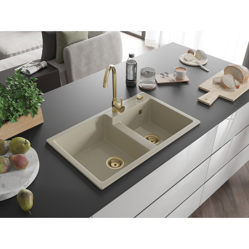 Mexen Tomas évier en granit 2 bacs 800 x 500 mm, beige, siphon doré - 6516802000-69-G