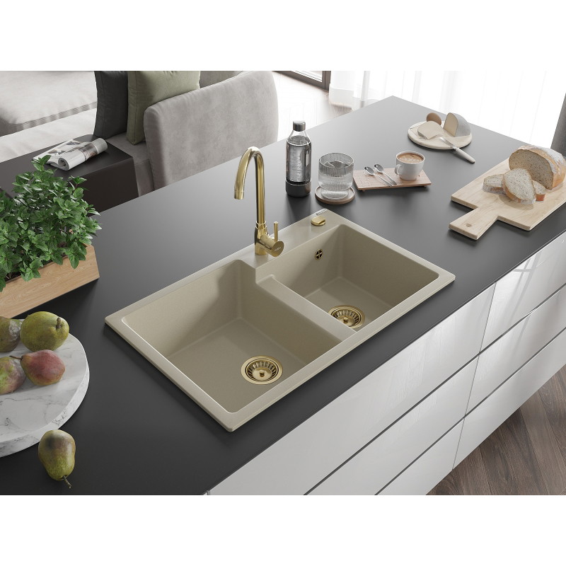 Mexen Tomas évier en granit à 2 cuves 800 x 500 mm, beige, siphon doré - 6516802000-69-G