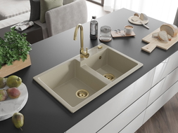 Mexen Tomas évier en granit 2 bacs 800 x 500 mm, beige, siphon doré - 6516802000-69-G