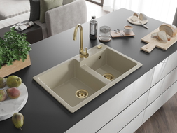 Mexen Tomas évier en granit à 2 bacs 800 x 500 mm, beige, siphon doré - 6516802000-69-G