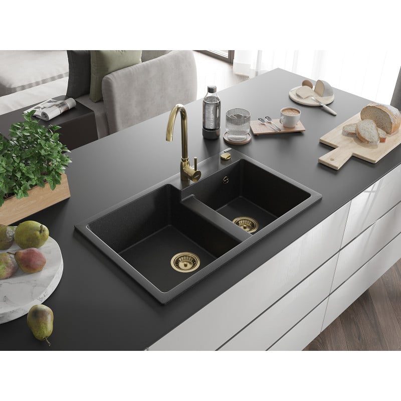 Mexen Tomas évier en granit 2 bacs 800 x 500 mm, noir/argent métallisé, siphon doré - 6516802000-73-G